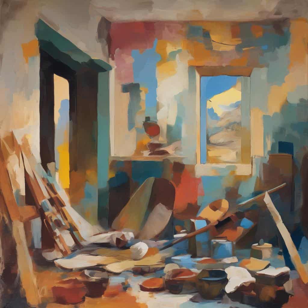 Ζωγραφική εσωτερικού χώρου με χρώματα και αντικείμενα, έκφραση της τέχνης της εσωτερικής κίνησης και δημιουργικότητας.